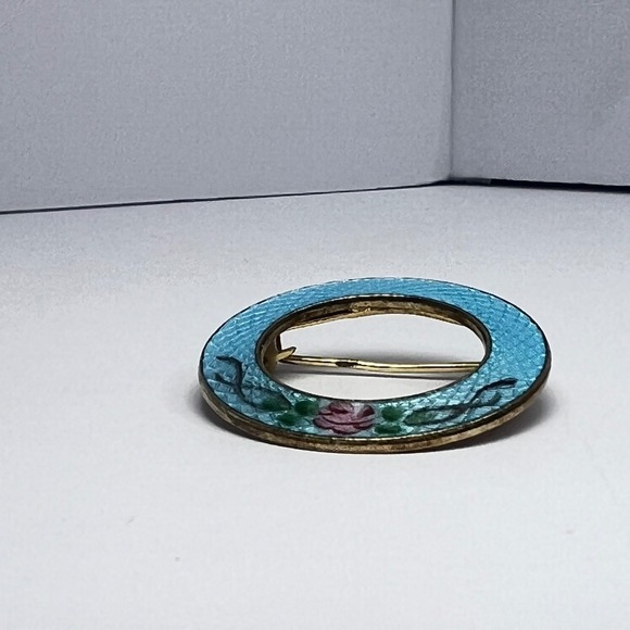 Vintage Guilloché Blue Pink‎ Rose Circle Pin Midcentury Grandma Love Gratitude - Picture 6 of 10
